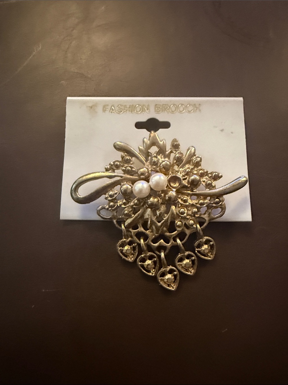 Gold-Tone Floral Pearl Drop Brooch
